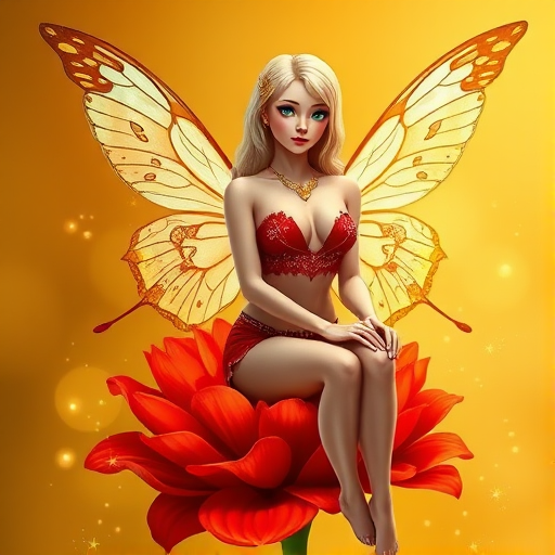 A digital artwork features a winged fairy with delicate Pineapple butterfly wings, adorned with intricate Mint andCream patterns. She is seated on a vibrant Vermilion flower, wearing a revealing red two-piece outfit with sparkling beadwork. Her fair skin, long blonde hair, and gold jewelry add to her ethereal appearance. The background is a warm, golden gradient, creating a magical atmosphere. Small glowing orbs and sparkles surround the flower, enhancing the enchanting, highly detailed, and realistic scene.