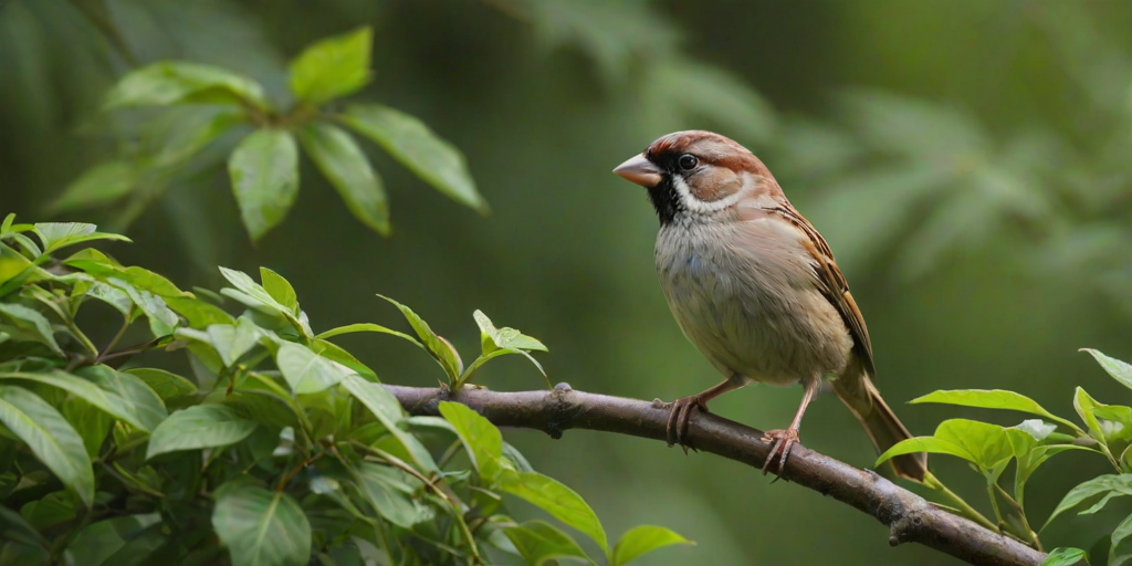Generate an image of a sparrow perched on a branch surrounded by lush green foliage.
