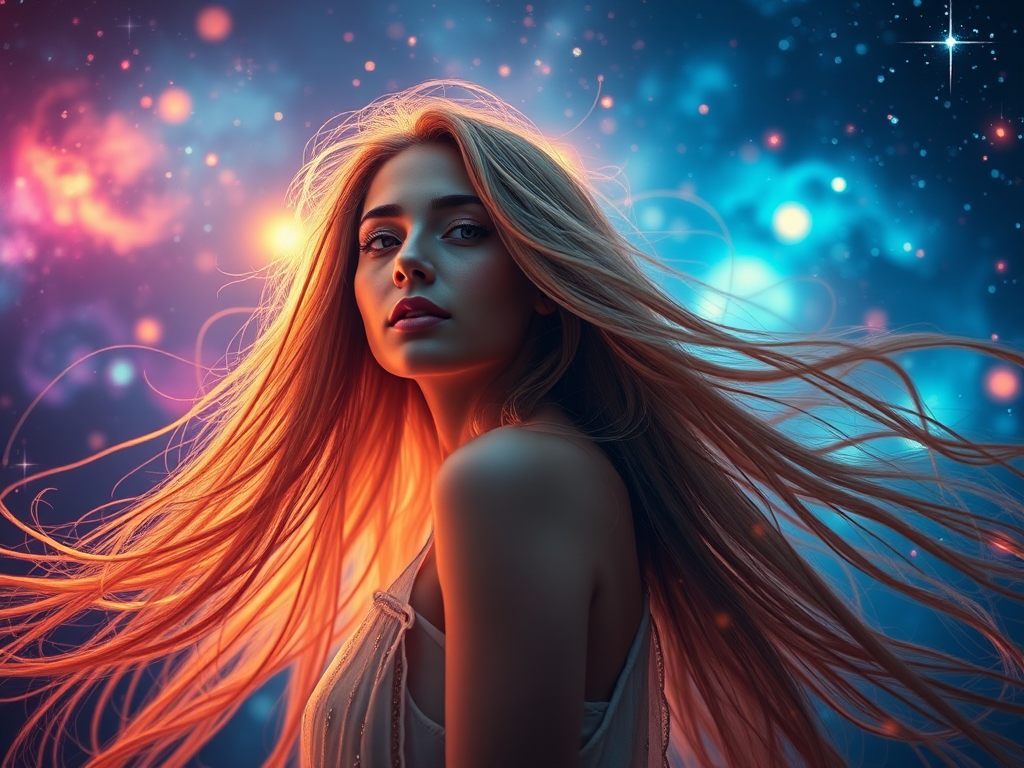 A celestial woman with long flowing hair surrounded by a vibrant galaxy, soft ethereal lighting, Canon EOS R5, 85mm lens, f/1.8 aperture, ISO 100, vibrant colors and high dynamic range.