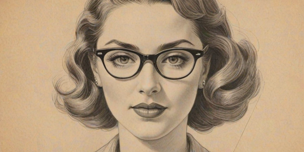 Bewitching Leila George, pencil sketch, portrait of Beauteous woman 1930s in glasses, hair style beatnik, outline, clear lines, fine lines, 8k