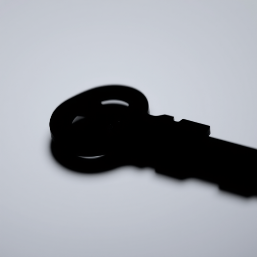 Create a high-resolution image of a simple key silhouette on a plain background, using a 50mm lens, f/4 aperture, ISO 200, and a close-up view, captured with a DSLR camera.
