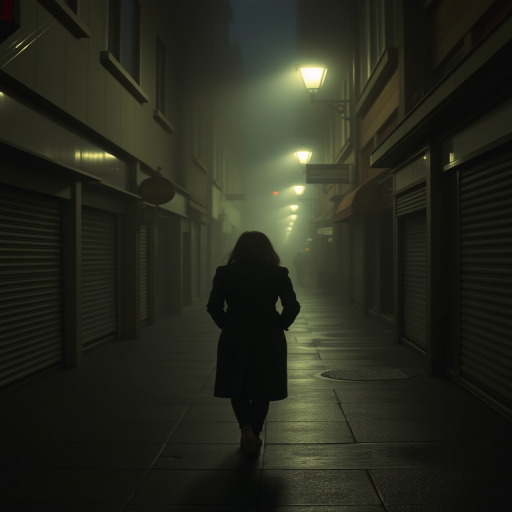 Foggy alleyway in a quiet city, streetlights casting a dim glow on the wet pavement, a woman in a long coat walks slowly, her hands tucked in her pockets as she passes by shuttered shops.
