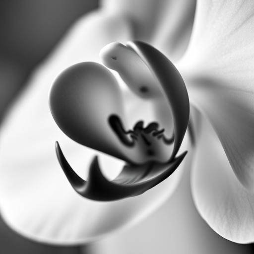 Close-up of an orchid flower in black and white, shallow depth of field, soft natural lighting, aperture f/2.8, shutter speed 1/200, ISO 100, macro lens, DSLR camera, blurred background.