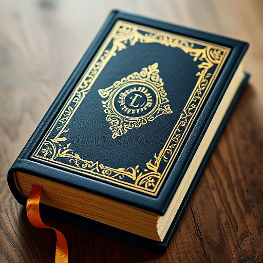 Generate an image of a luxurious black book with a golden embossed design on the cover and a gold bookmark, macro view, f/2.8 aperture, 50mm lens, and natural lighting for enhanced quality.