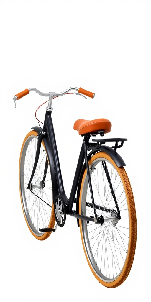 Create a minimalist illustration of a classic bicycle with a black frame, brown seat, and large tan tires, set against a plain white background.