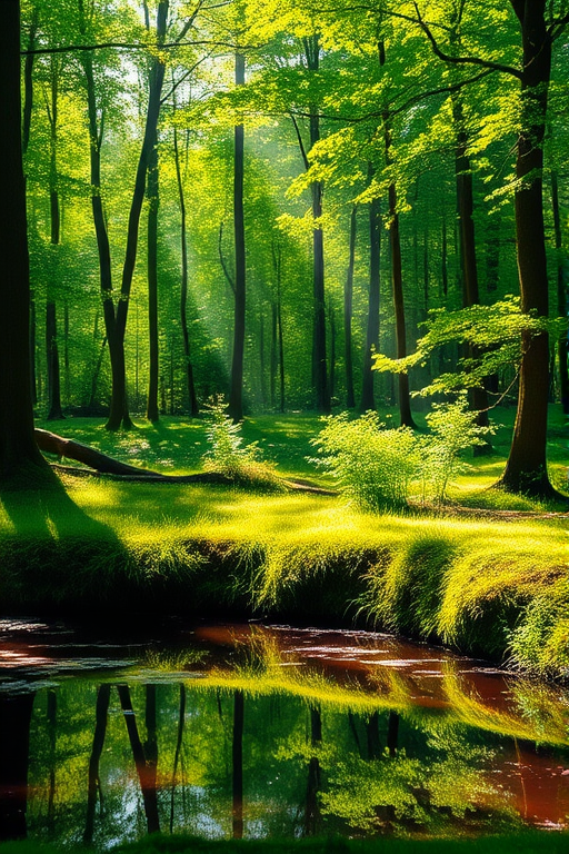 Generate an image of a tranquil forest scene with sunlight filtering through the trees, vibrant greenery, and a serene pond in the foreground, using a DSLR camera, aperture f/2.8, shutter speed 1/100 sec, ISO 200, 50mm lens, with a shallow depth of field for ethereal quality.