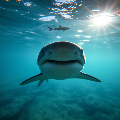 underwater shot of a shark swimming towards the camera, full-body view, taken with a DSLR camera at f/4.5, ISO 800, 1/250 sec, wide-angle lens, natural lighting with sun rays filtering through the water, vibrant colors and high detail