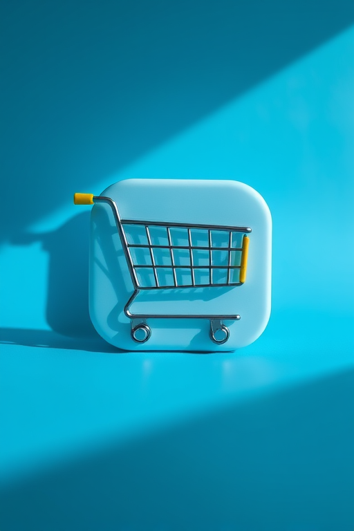 Create a high-quality image of a shopping cart icon against a solid blue background, using a macro lens with f/2.8 aperture, 50mm focal length, and natural lighting to enhance shadows and textures.