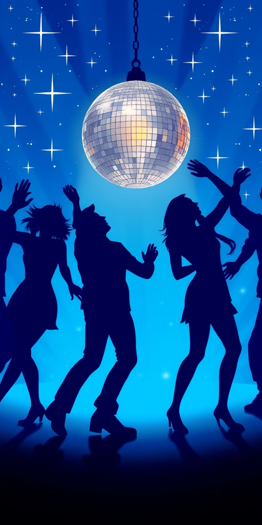 Create an illustration of a disco scene with silhouetted dancers against a vibrant blue background, featuring a sparkling disco ball and twinkling stars, captured with a Canon EOS 5D Mark IV, ISO 200, f/8, 1/60s, using a wide-angle lens to enhance depth and detail.