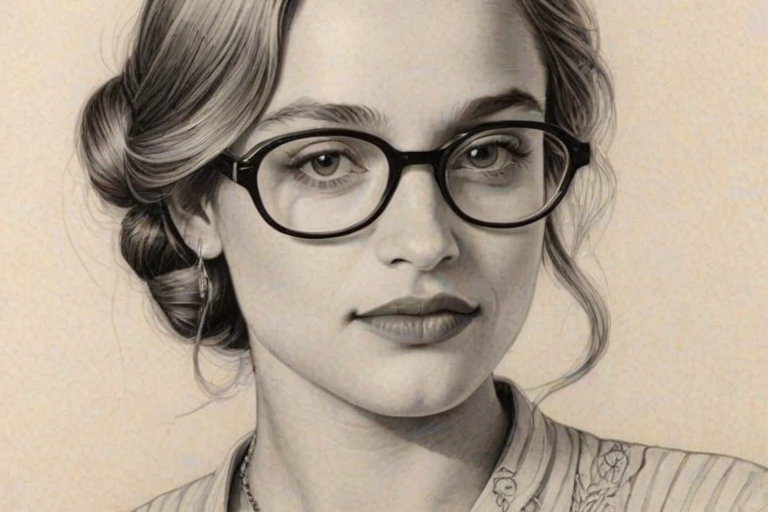 Exquisite Jemima Kirke, pencil sketch, portrait of Comely woman 1931s in glasses, hair style beatnik, outline, clear lines, fine lines, 8k