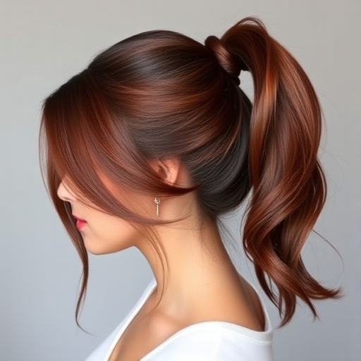 Chic hair style revealing a sleek high ponytail with a wrapped base and face-framing tendrils in a rich mahogany shade