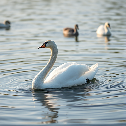 swimming swan with arched neck in calm water, soft natural lighting, shutter speed 1/250, aperture f/4, ISO 200, 50mm lens, DSLR camera, shallow depth of field, focus on the swan with rippling reflections in the water