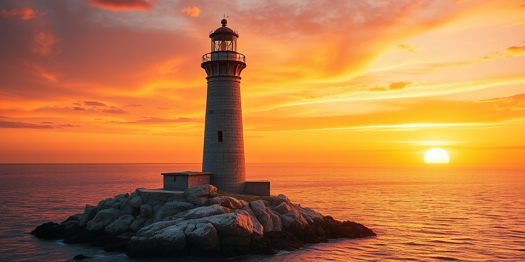 Generate an image of a tall lighthouse perched on a rocky outcrop surrounded by calm ocean waters during a breathtaking sunset. The lighthouse stands sturdy and weathered, its stone surface illuminated by the warm golden light of the setting sun. The sun's rays pass directly through the glass lantern room at the top of the lighthouse, casting a brilliant light across the scene. The sky is painted with vibrant shades of orange, pink, and purple, reflecting off the tranquil sea. The surrounding water shimmers with the same warm hues, creating a serene and majestic atmosphere.