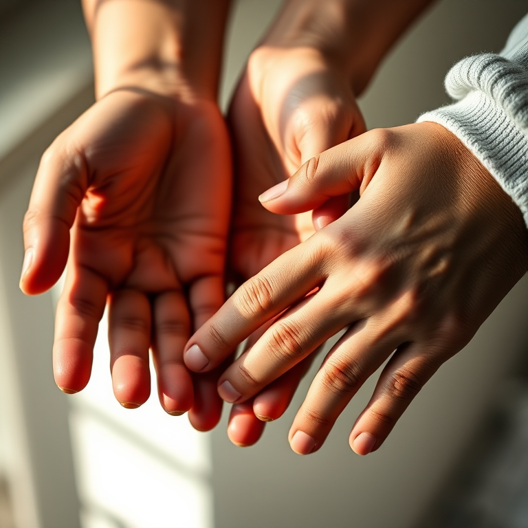 Regenerate an image of three hands in varying positions, close-up shot, illuminated with soft natural light, using a Canon EOS R5 camera, 50mm lens, f/2.8 aperture, ISO 100, 1/200 sec shutter speed, shallow depth of field to highlight the textures and details of the hands.