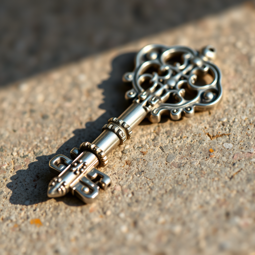 Create a detailed image of an ornate silver key lying on a textured surface, captured with a DSLR camera using a 50mm lens at f/1.8, ISO 100, shutter speed 1/200s, in natural light with a shallow depth of field for a soft background blur.