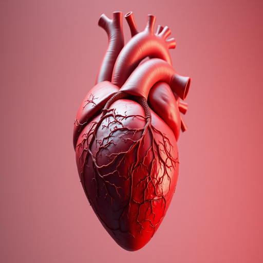 Create a highly detailed 3D rendering of a human heart with intricate vascular structures and a soft gradient background, using a Canon EOS R5, 50mm lens, f/1.8 aperture, ISO 100, 1/200 sec shutter speed, in a studio lighting setup to enhance texture and depth.