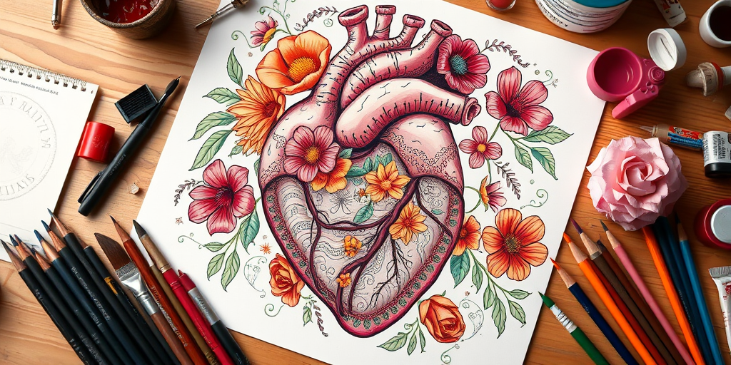 Create a high-resolution illustration of a detailed anatomical heart intertwined with vibrant flowers and intricate designs, using a DSLR camera with a 50mm lens, aperture set to f/2.8 for a shallow depth of field, soft natural lighting to highlight colors, and a slight overhead perspective to capture the artwork surrounded by art supplies on a wooden table.