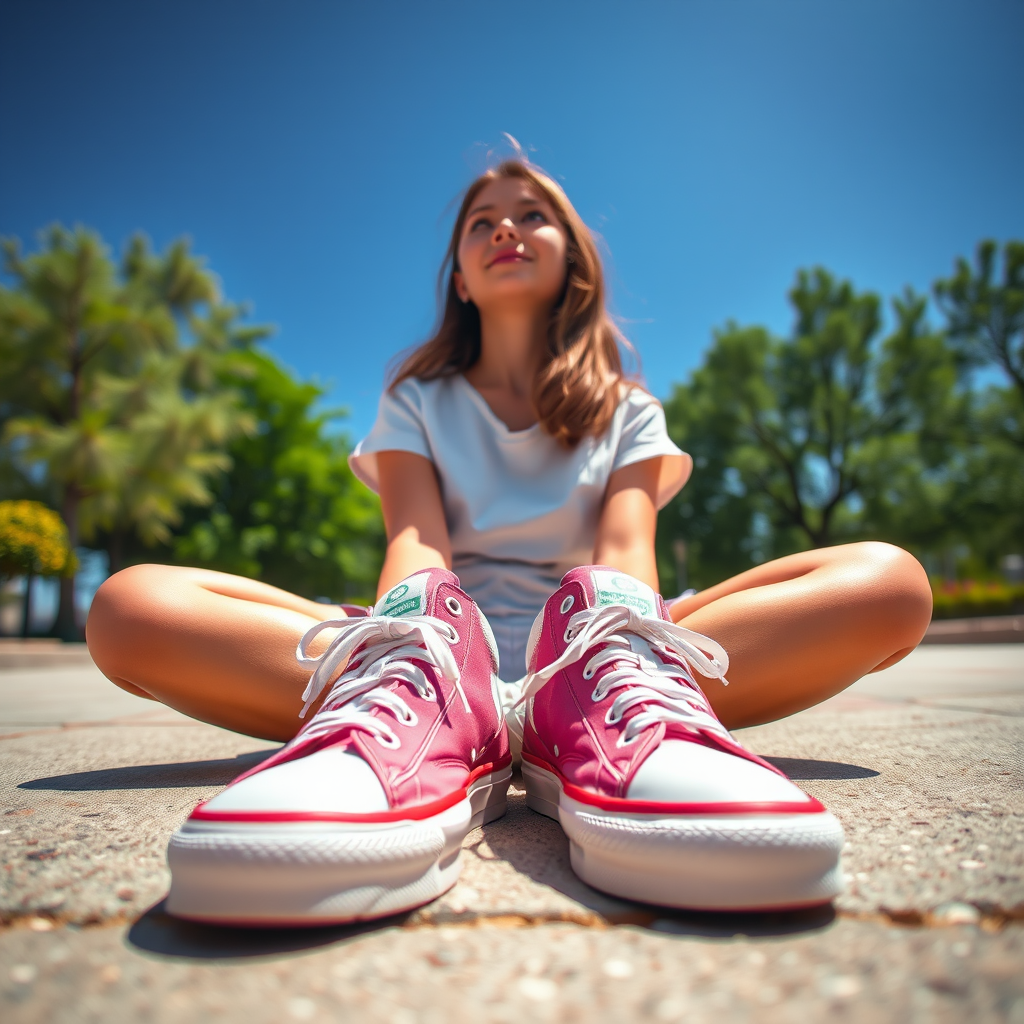Generate an ultra-realistic, highly detailed, high-definition photograph. It's a photo of a girl sitting on the floor. She's looking at the horizon. The photo is taken from the bottom up, at ground level. The girl's sneakers are in the foreground, in the center of the scene. The girl is wearing light clothes, a t-shirt and short shorts. The sky is blue. Bright environment. The background is a blurred image of a park.