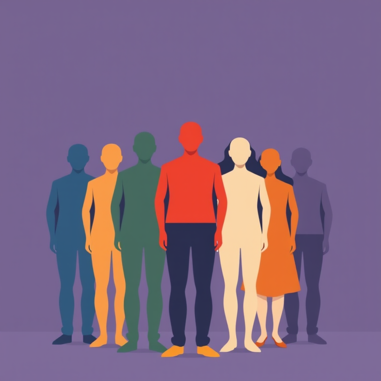 Create a vector graphic of a group of stylized human figures, with one central figure in a bold color and the others in muted shades, use a flat design style, with a resolution of 300 DPI, shot from a frontal view, using a digital illustration software.