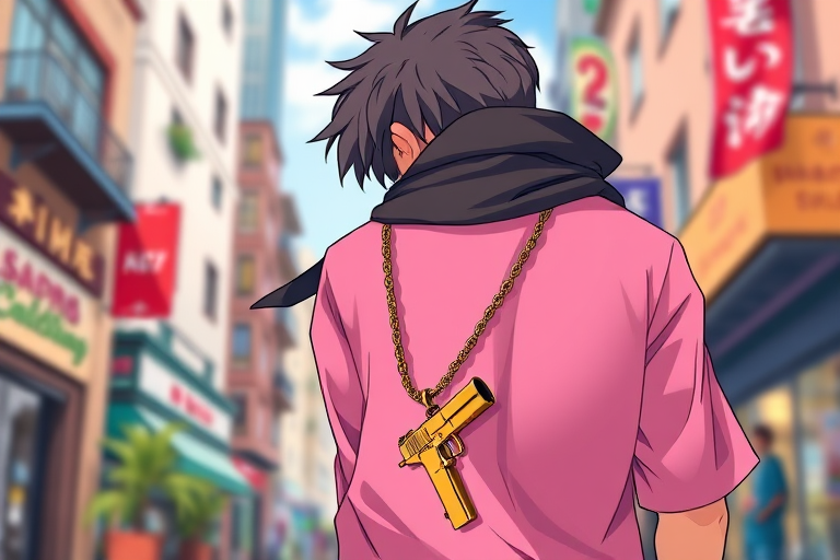 Create a high-resolution illustration of a character wearing a pink shirt and a black scarf, standing with their back to the viewer, wearing a stylish gold chain with a pendant shaped like a gun, in a vibrant urban setting, captured with a DSLR camera at f/1.8 aperture, ISO 100, and a shutter speed of 1/200 sec, using a wide-angle lens for a dramatic perspective.