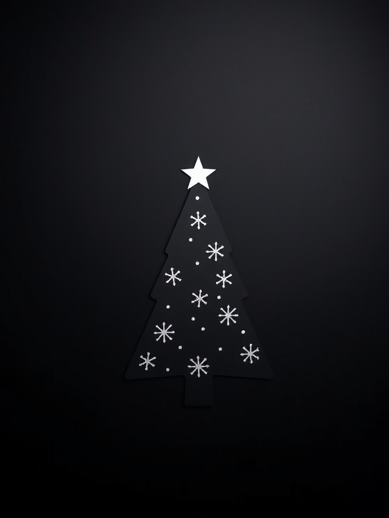 Create a minimalist black background image of a cut-out Christmas tree with snowflake details, using a DSLR camera, f/2.8 aperture, 50mm lens, ISO 100, shot in a soft focus style.