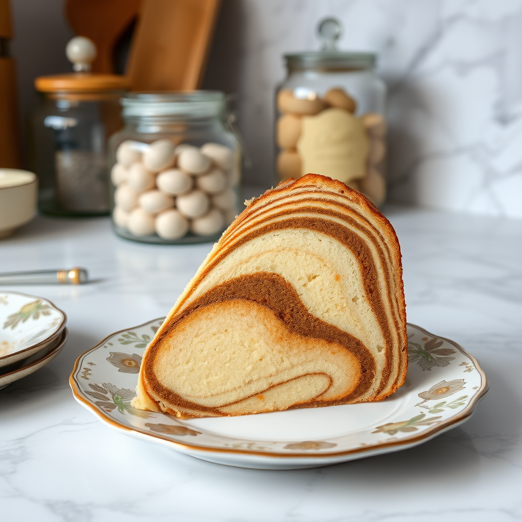 Generate an image of a slice of marble cake on a decorative plate. The cake should have distinct layers of light and dark brown, showcasing a smooth texture. Include a blurred background with glass jars and a marble countertop to create a cozy kitchen atmosphere.