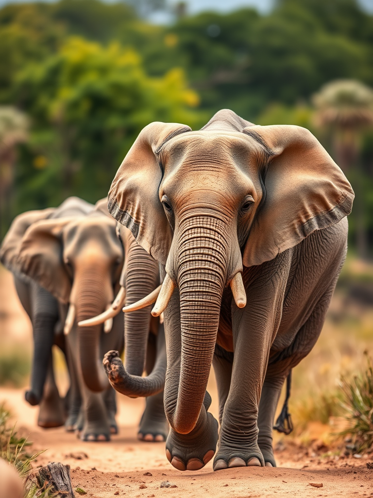 Elephants walking in a line on a blurred background, captured with a DSLR camera at 50mm focal length, f/2.8 aperture, ISO 100, natural light, shallow depth of field, focusing on the lead elephant.