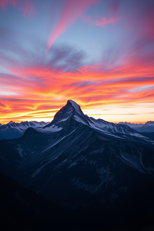 Create a high-resolution image of a majestic mountain landscape during sunrise with vibrant colors in the sky, use a DSLR camera with a 24mm lens, aperture f/8, ISO 100, and a shutter speed of 1/60 seconds, shot in landscape orientation from a low angle.