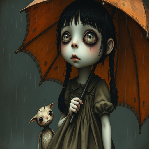 An eerie, weird little girl with dark hair in thin pigtails, wearing a smock dress, standing in the rain, holding a dirty orange umbrella, a small, odd creature beside her. In a surreal style inspired by Nicoletta Ceccoli and Brian Froud. Dark fantasy themes