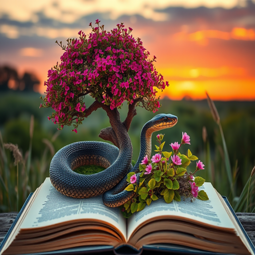 Create an image of a realistic snake intertwined with a vibrant tree and blooming plants emerging from an open book in a serene natural landscape at sunset, captured with a DSLR camera, f/8 aperture, ISO 100, 24mm lens, using a soft focus style for enhanced depth and detail.