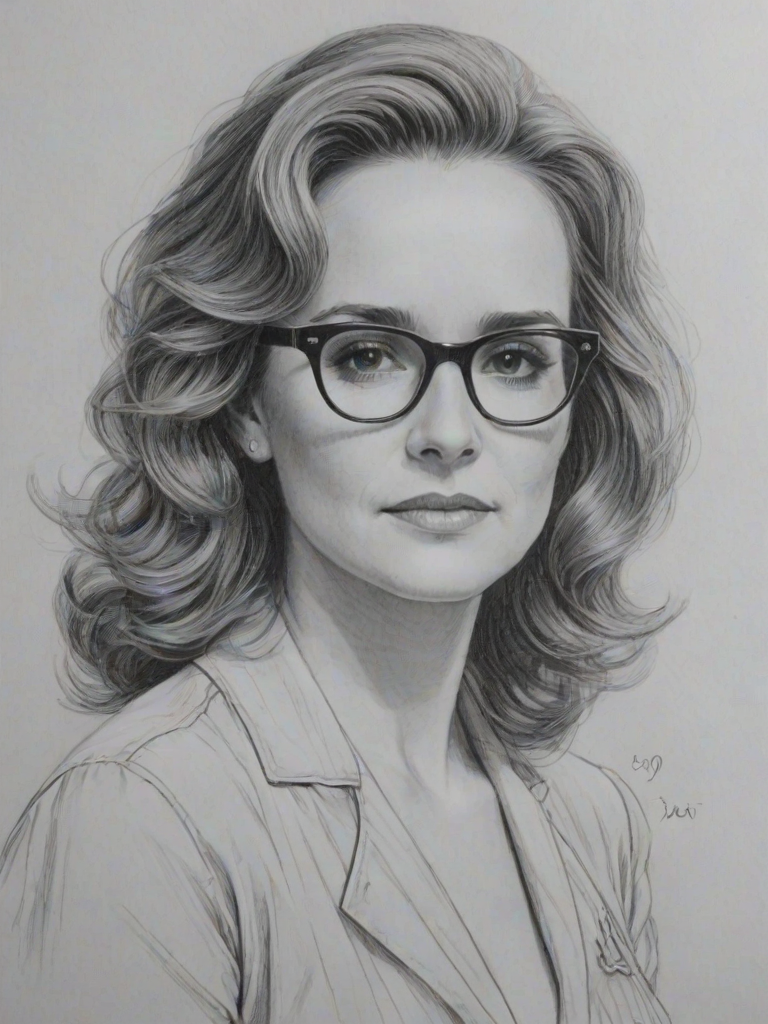 Superb Lea Thompson, pencil sketch, portrait of Elegant woman 1951s in glasses, hair style beatnik, outline, clear lines, fine lines, 8k