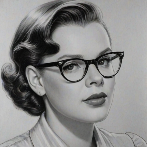 Pleasing Judy Garland, pencil sketch, portrait of Attractive woman 1924s in glasses, hair style beatnik, outline, clear lines, fine lines, 8k
