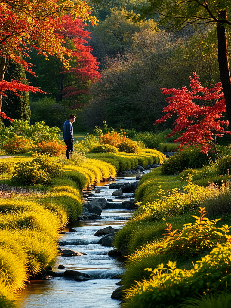 Regenerate a lush, serene landscape with a figure in a natural setting, featuring vibrant foliage and a gentle stream, captured with a DSLR camera at f/5.6 aperture, 50mm lens, ISO 100, in golden hour lighting, focusing on hyper-realistic detail and rich color depth.