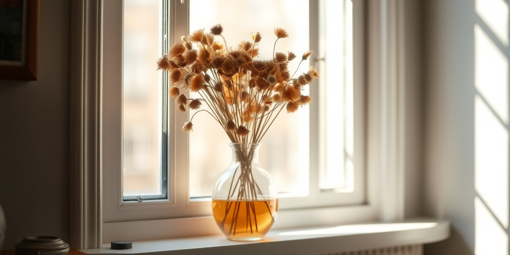 Capture a bright interior scene featuring a vase of dried flowers on a windowsill framed by light, with a shallow depth of field, f/2.8 aperture, ISO 100, 50mm lens, natural light, using a DSLR camera.
