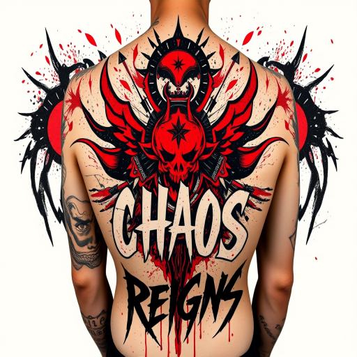 Edgy trash polka tattoo called "Chaos Reigns" combining bold red and black elements with abstract shapes and typography, creating a dynamic and visually striking full back piece