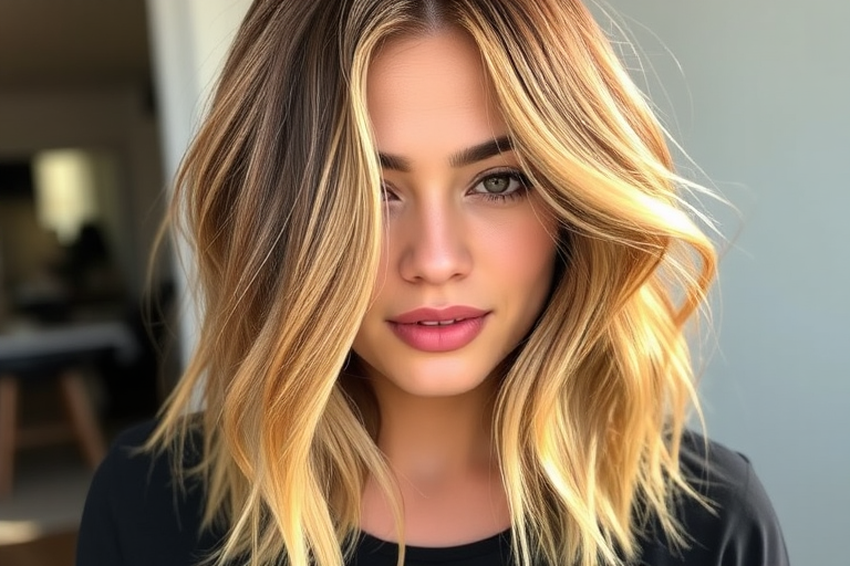 Chic caramel balayage lob dubbed "Golden Hour Glow" with textured wavy layers, rich honey-toned highlights framing face, sun-kissed effect throughout, tousled beachy texture, effortlessly stylish appearance