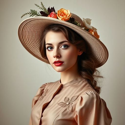 Portrait of a young woman in an elegant vintage dress with a large hat adorned with flowers, soft lighting, 85mm lens, f/2.8 aperture, ISO 100, shallow depth of field, studio setting, high-resolution digital camera.