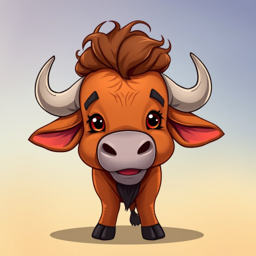 Create a cartoonish illustration of a friendly brown buffalo with a curly tuft, using a vibrant color palette, shot with a DSLR camera at f/8 aperture, 50mm lens, and a shallow depth of field for a whimsical effect.