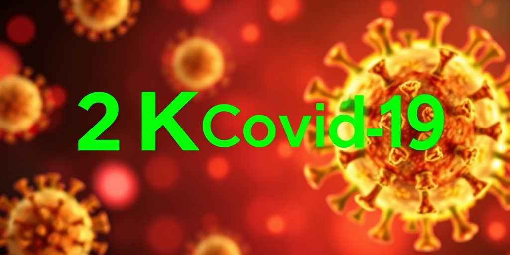 Generate an abstract digital illustration representing COVID-19, featuring vivid green text "2K20" and "Covid-19" overlaid on a glowing background with microscopic virus imagery, high-resolution, shot with a DSLR camera at f/11, ISO 100, 50mm lens, soft lighting.