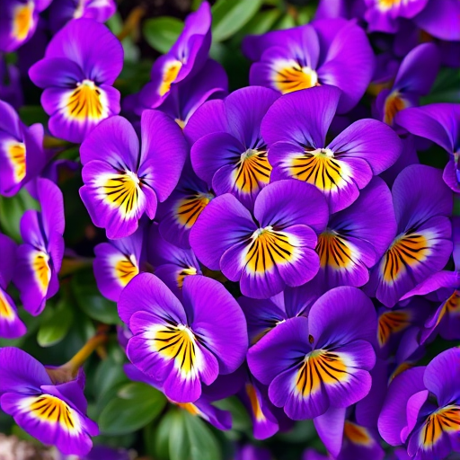 Generate a high-quality image of a vibrant cluster of purple pansies with intricate detail, using a Canon EOS R6 camera, ISO 100, f/2.8 aperture, 50mm lens, shot from a top-down view with natural lighting to enhance color saturation and contrast.