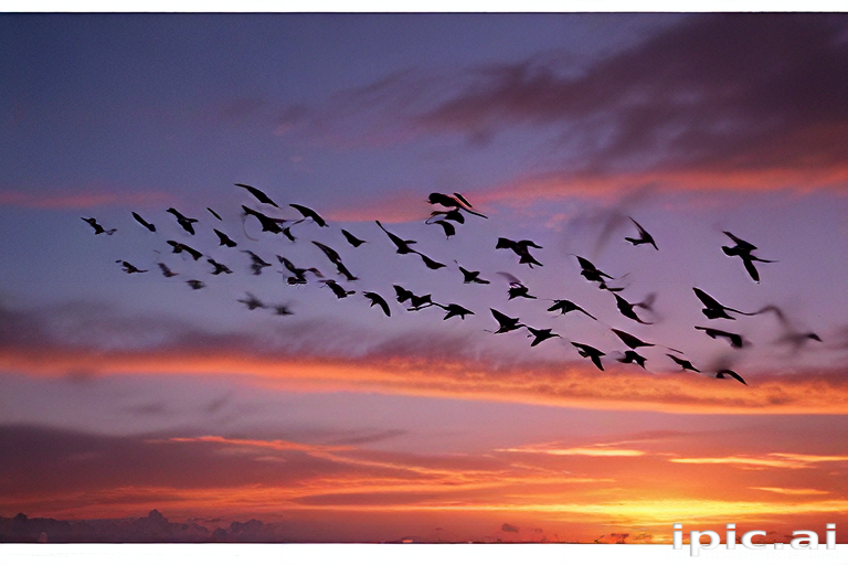 Flock of Birds Flying Across a Vibrant Sunset Sky in Harmony