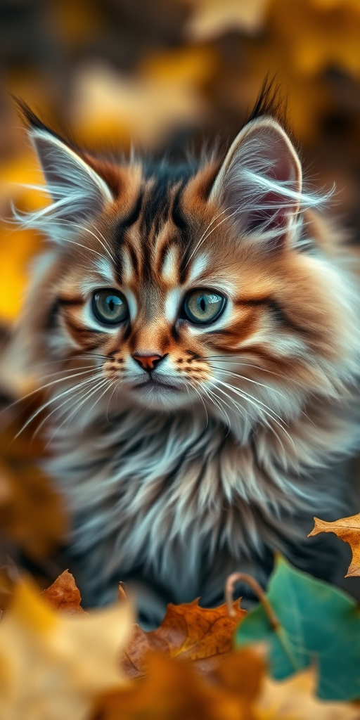 A close-up of a fluffy tabby cat sitting among autumn leaves, soft focus background, natural lighting, aperture f/1.8, ISO 200, shutter speed 1/250s, DSLR camera with a 50mm lens.