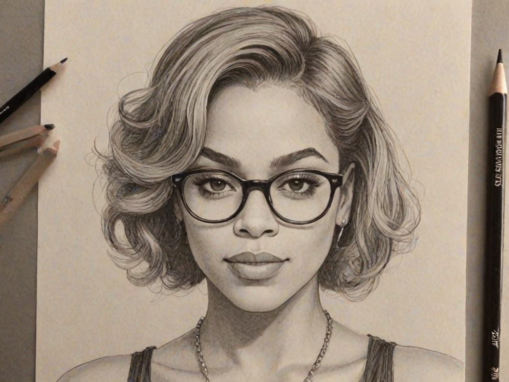 Fetching Dinah Jane, pencil sketch, portrait of Superb woman 1929s in glasses, hair style beatnik, outline, clear lines, fine lines, 8k