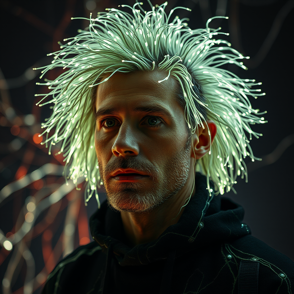 man completely covered in luminescent fiber-optic hairs in an environment that seems to be made of electrical circuits