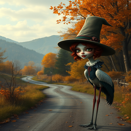 digital art fantasy depicting a strange girl with red hair, long eyelashes, brown lipstick and a tall hat walking along a winding road on an autumn afternoon, an Stork smiles as she passes