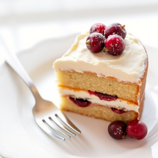 A slice of layered cake with creamy frosting decorated with fresh cranberries and a dusting of sugar served on a white plate with a fork beside it in a bright setting.