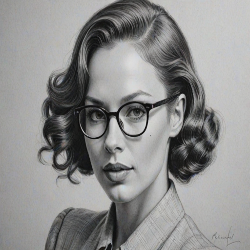 Beauteous Rebecca Ferguson, pencil sketch, portrait of Exquisite woman 1939s in glasses, hair style beatnik, outline, clear lines, fine lines, 8k
