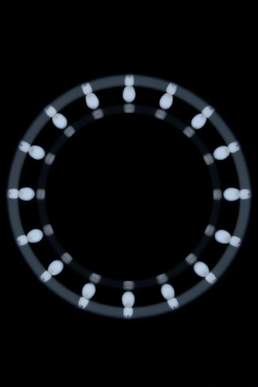Create a high-resolution graphic of a circular design with sharp white elements against a solid black background, using a DSLR camera with a 50mm lens, aperture f/1.8, ISO 100, and a shallow depth of field for a soft blur effect, captured from a top-down view for dramatic emphasis.