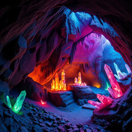regenerate a vibrant fantasy cave scene with glowing crystals and a mystical backdrop, shot with a DSLR camera at f/8 aperture, ISO 100, 24mm focal length, in a wide-angle view to capture depth, using a low light style for enhanced contrast and color saturation