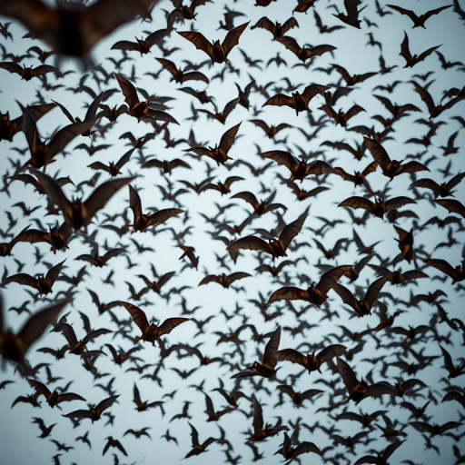 Create an image of a swarm of bats in flight, captured with a Nikon D850 camera, using a 24-70mm lens, aperture set to f/4, ISO 800, shutter speed 1/1000s, with a high dynamic range to enhance details, in a dynamic aerial perspective.
